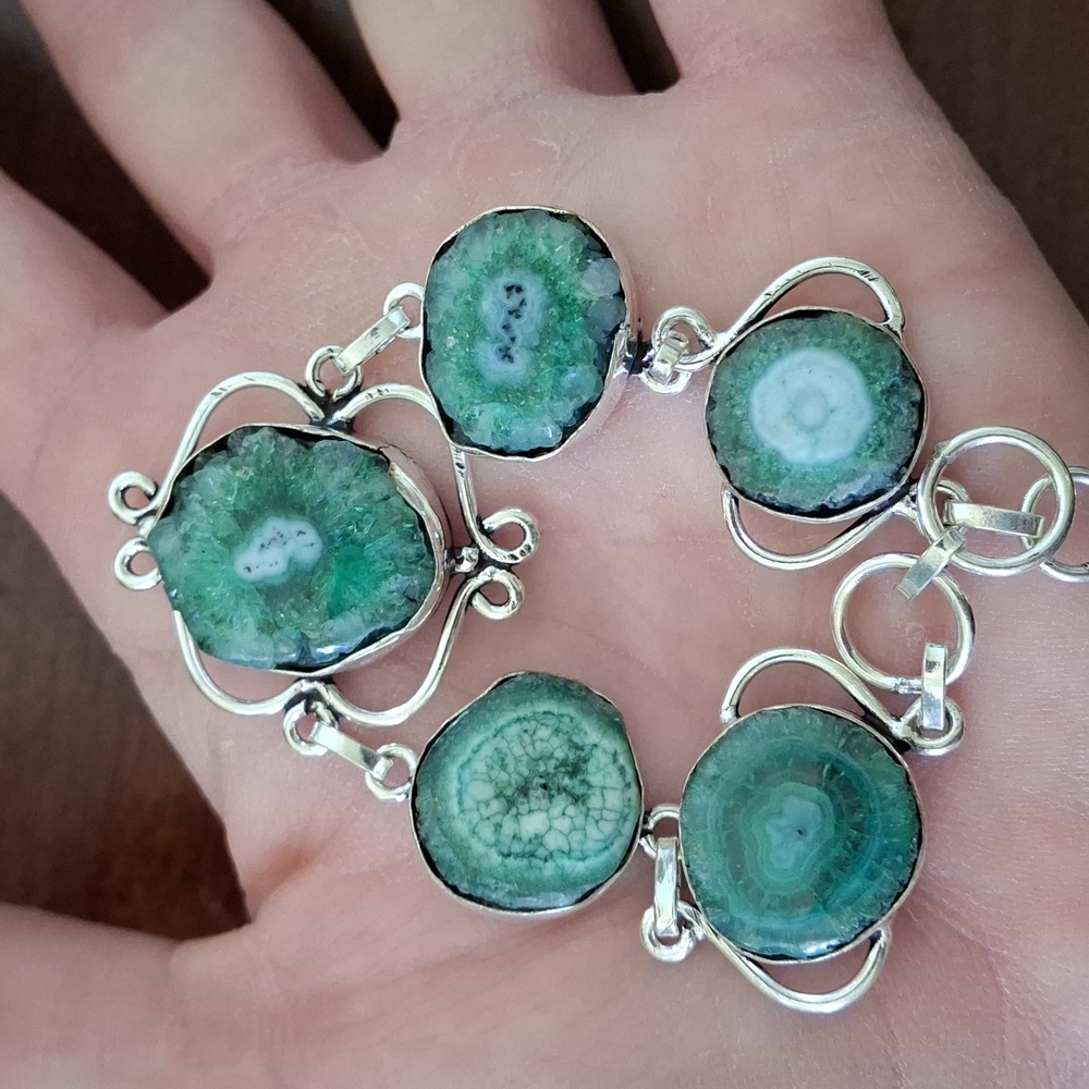 New Green Solar Slice Agate Geode 925 Silver Bracelet.